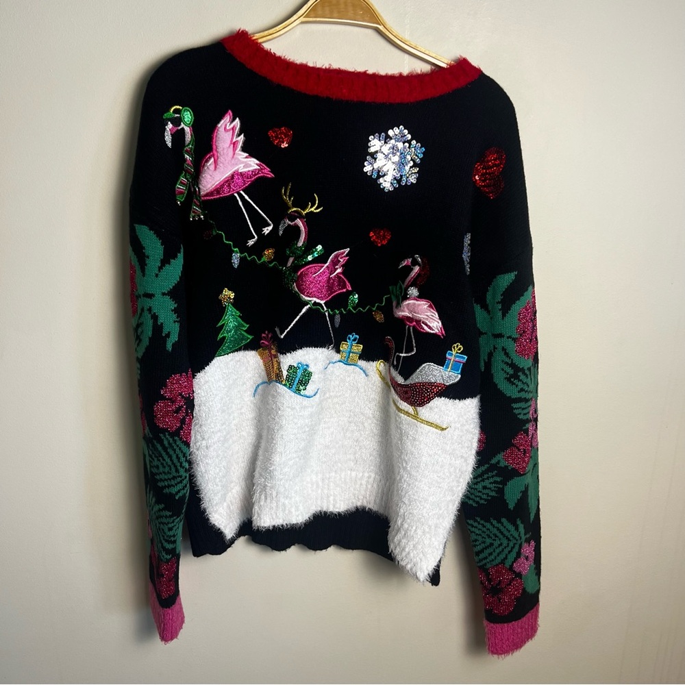 Blizzard Bay Ugly Flamingo Tropical Sequined Christmas Sweater Size S Festive